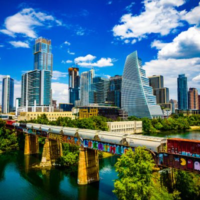 Austin , Texas , USA - September 1st 2022: Aerial Drone View over Austin during a Gorgeous Day along the Colorado River or Lady Bird Lake with a perfect Futuristic Skyline Background