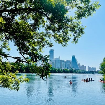 A view of downtown Austin and Lady Bird Lake from the trails